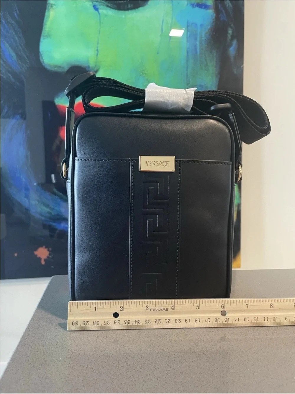 Versace Black Leather Messenger Crossbody with Gold Plaque